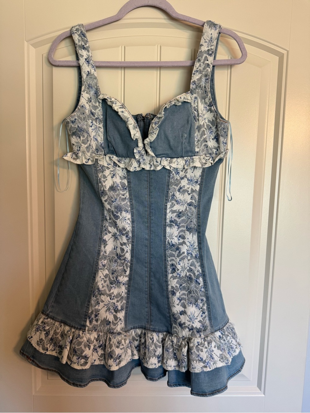Vintage Style Blue and White Floral Denim Mini Dress